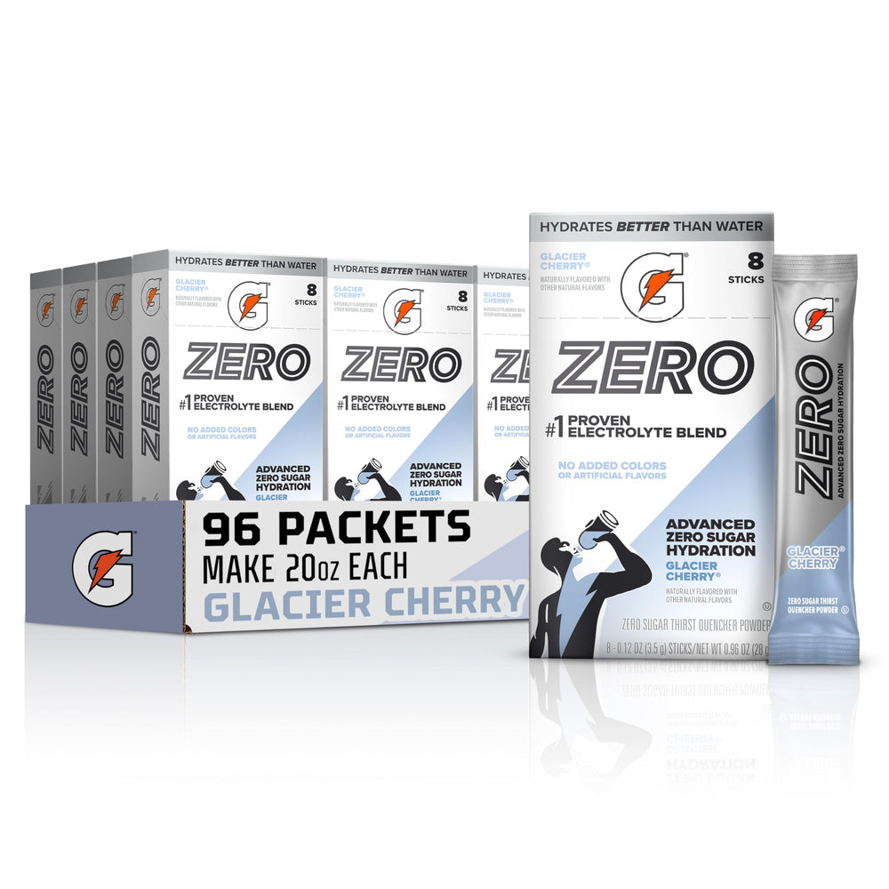 Gatorade front packaging showing Glacier Cherry and 96 sticks for convenient hydration