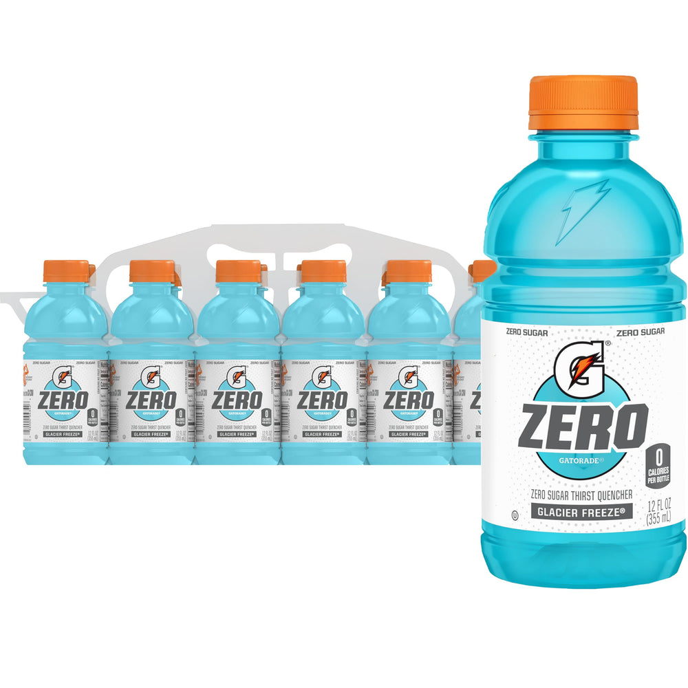 Gatorade Zero Glacier Freeze 12oz bottle in cooling display for hydration.