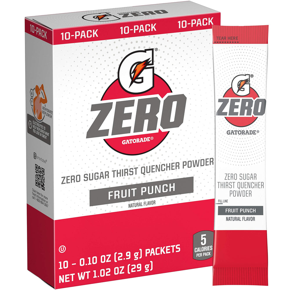 Gatorade G Zero Powder Fruit Punch packets for sugar-free hydration.