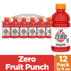 Gatorade Zero Sugar Fruit Punch bottle, ice-cold and refreshing during workouts.
