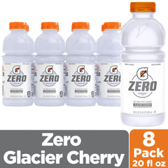 Gatorade Zero Sugar Glacier Cherry label close-up highlights zero sugar formula.