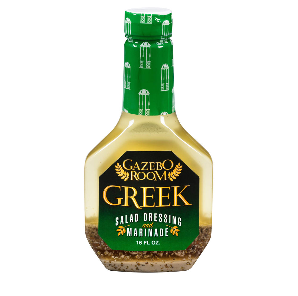 Gazebo Room Greek Dressing bottle pour, ideal for quick, flavorful salads.