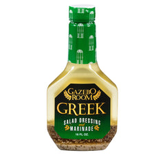 Gazebo Room Greek Dressing bottle pour, ideal for quick, flavorful salads.