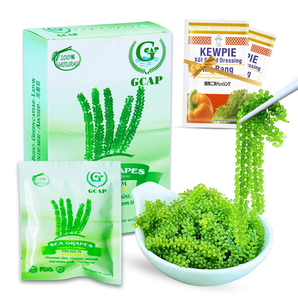 GCAP Sea Grapes premium 6-pack close-up beads, ideal for salads and quick snacks.