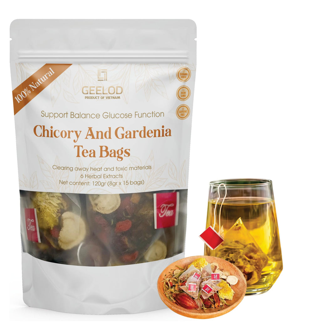 GEELOD Nature Chicory and Gardenia Tea pack highlighting premium herbal blend for digestion support