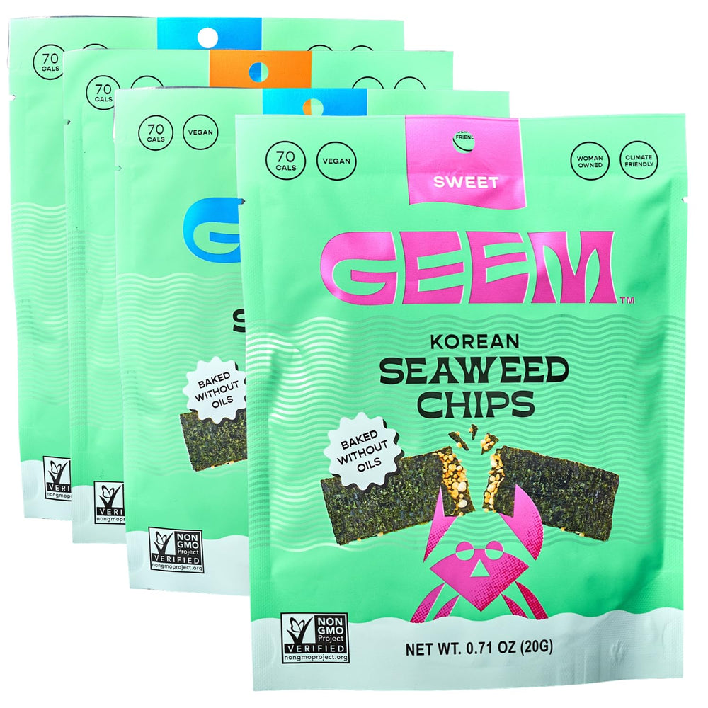 Geem Seaweed Snacks variety pack front view; crunchy, oil-free chips for healthy snacking.