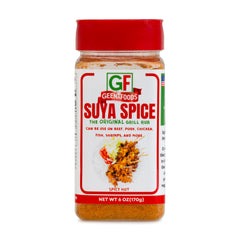 Geenafoods Suya seasoning bottle showcases an authentic African blend for grilling flavor