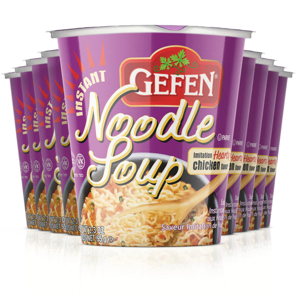 Gefen instant noodle soup chicken 12-pack box, convenient fat-free flavor.