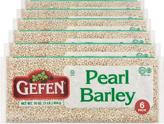 Gefen pearled barley bag on a shelf, convenient 1lb packaging for pantry prep.