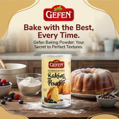Gefen baking powder label closeup highlights aluminum-free formula.