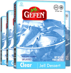 Gefen Clear Jell Dessert being poured, a vegan gelatin substitute for desserts