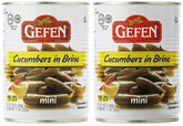 Gefen mini pickled cucumbers in brine on a can, adding crunch to salads.