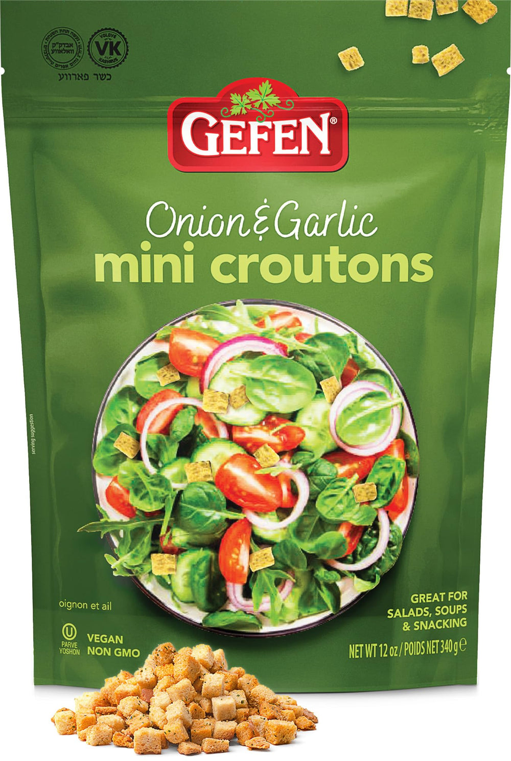 Gefen Onion Garlic Mini Croutons in a resealable bag for quick, ready-to-use topping.