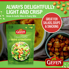 Gefen Onion Garlic Mini Croutons added to hot soup for texture and flavor.