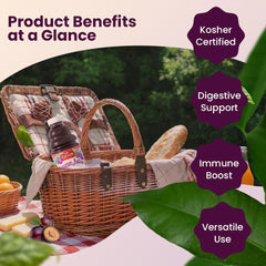 Close-up of Gefen prune juice label showing 100% juice and not from concentrate