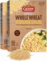 Gefen whole wheat Israeli pearl couscous packaging front, Kosher, fiber-rich pantry staple.