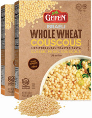 Gefen whole wheat Israeli pearl couscous packaging front, Kosher, fiber-rich pantry staple.