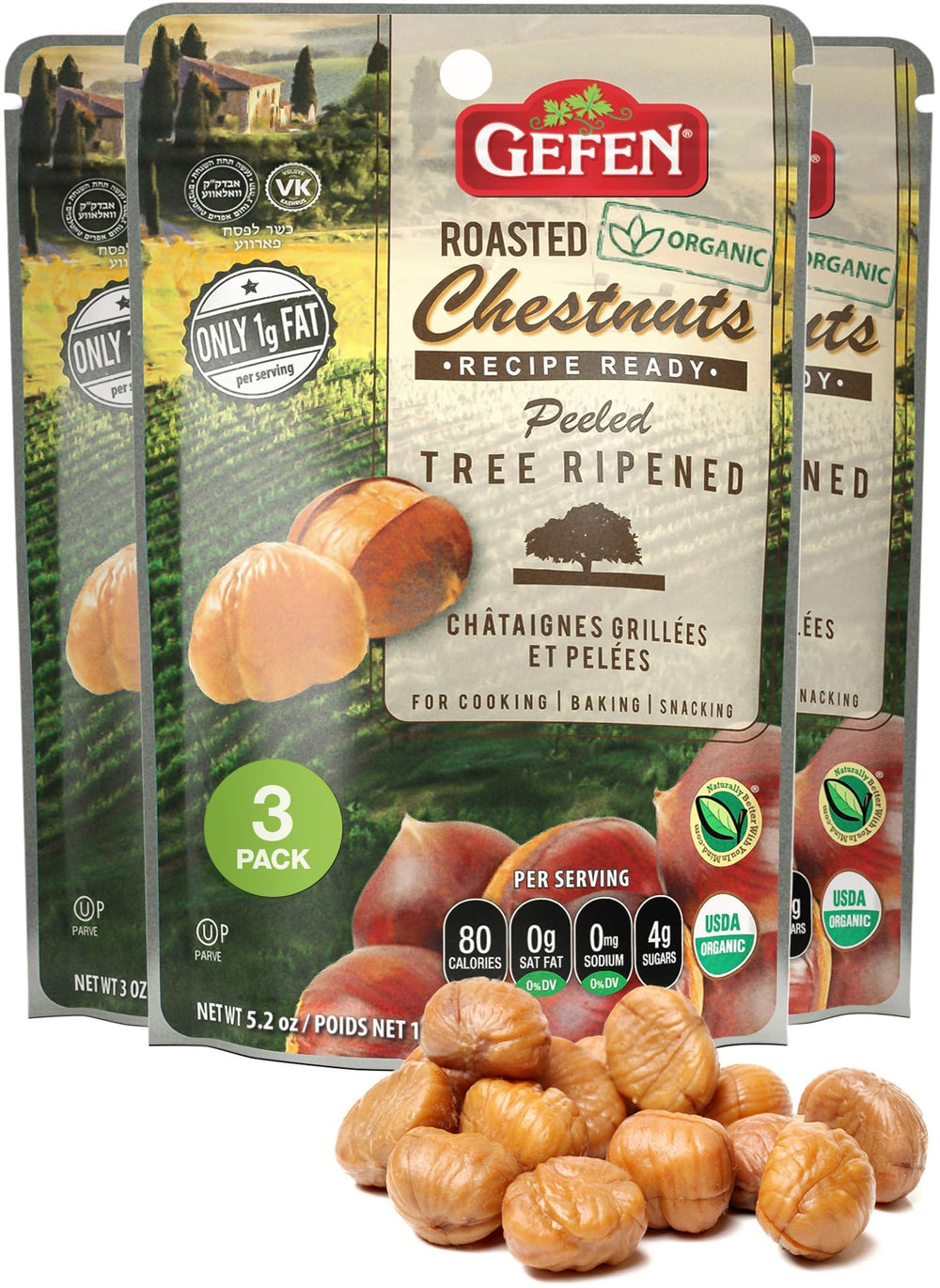 Gefen organic chestnuts roasted, peeled close-up showing rich color and premium quality