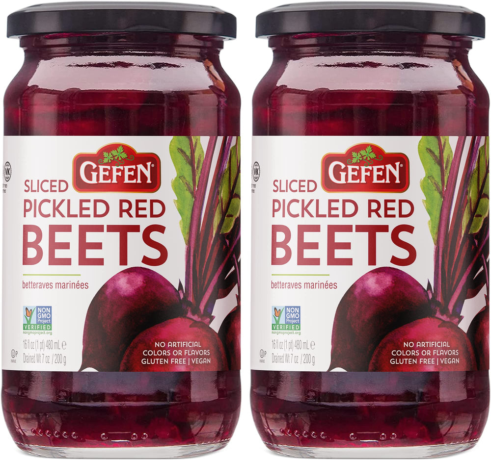 Gefen sliced pickled beets jar closeup showing vibrant color and crisp texture for salads.