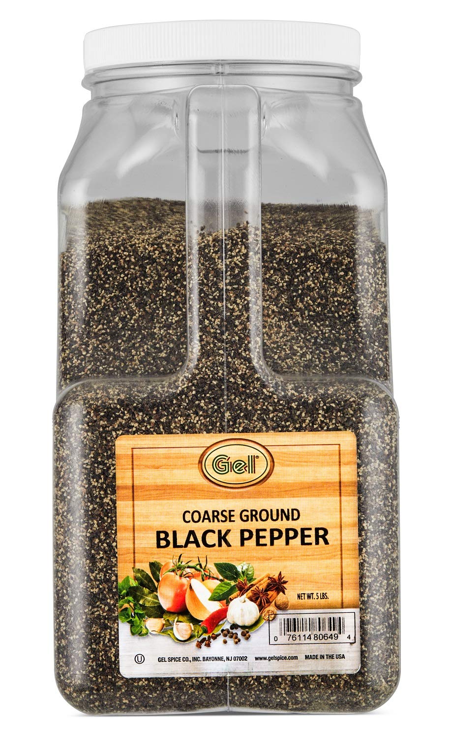 Gel Spice coarse-ground black pepper in a 5 lb jar for professional kitchens.