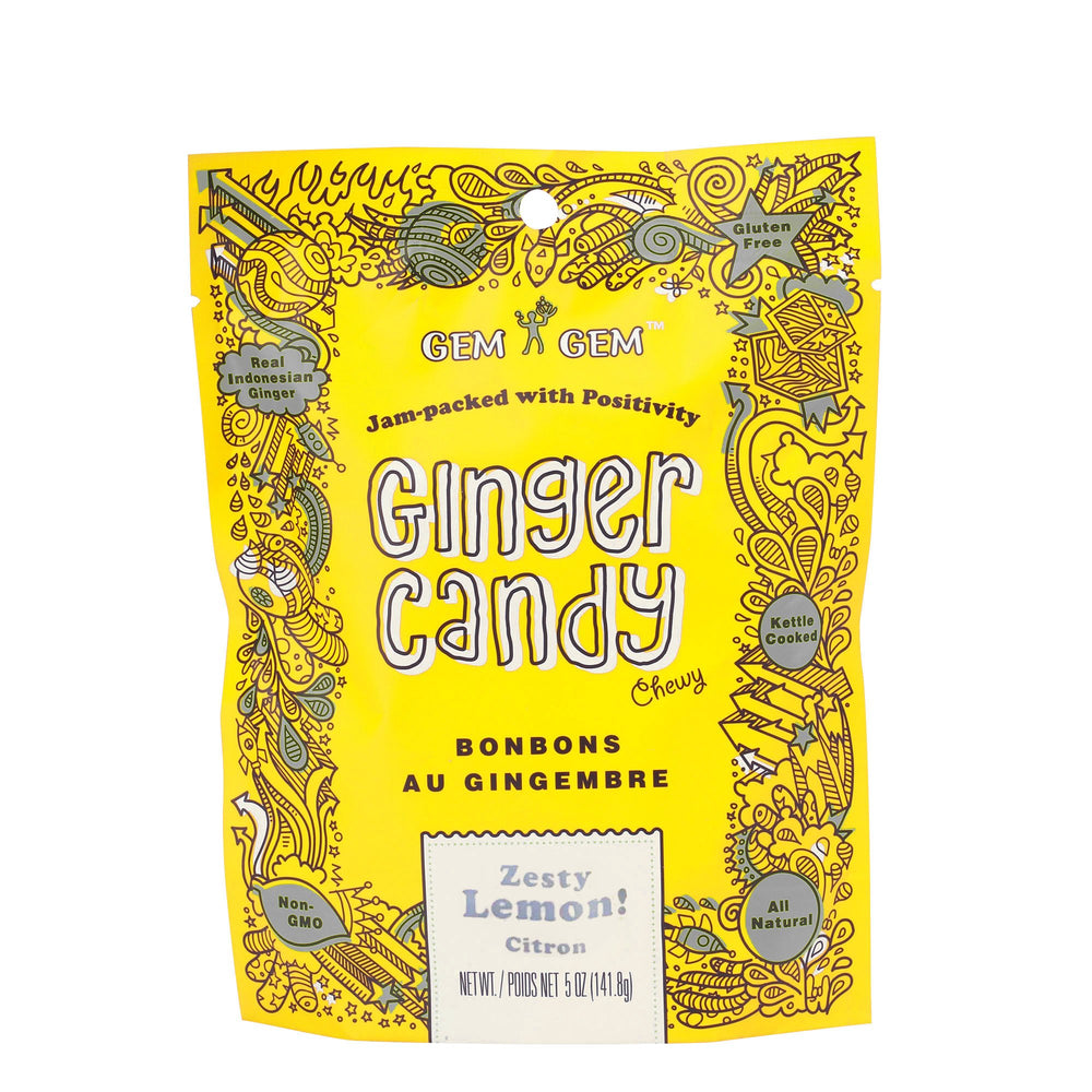 Gem Gem Ginger Candy Lemon pack shot for on-the-go digestive comfort.