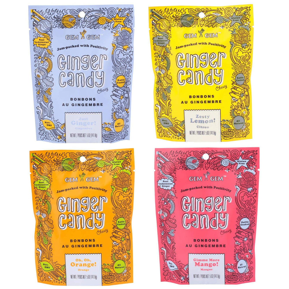 Gem Gem Ginger Chews in assorted mix; may help soothe nausea and support digestion.