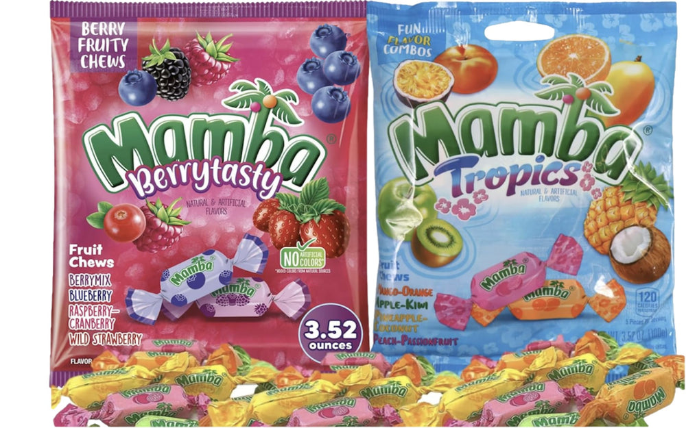 Generic Berrytasty and Tropics Mamba fruit chews in the pocket bag for on-the-go snacking