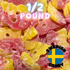 Generic BUBS Sour Fizzy Skulls half-pound bag close-up, raspberry and lemon blend