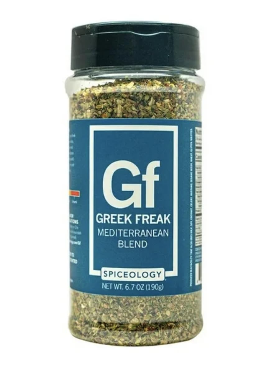 Generic Greek Freek Mediterranean Blend bottle showing garlic and sun-dried tomatoes for versatile seasoning