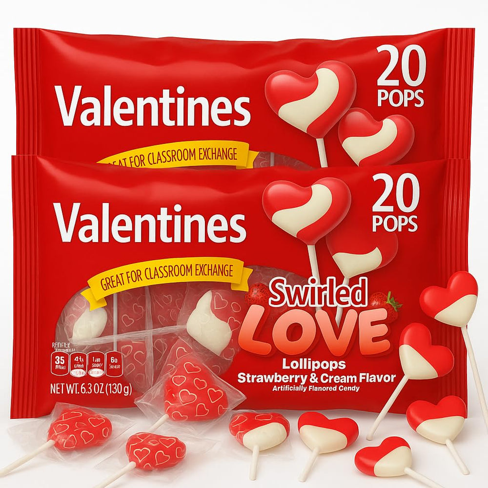 Generic heart-shaped lollipops, individually wrapped for easy sharing at classroom celebrations.