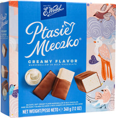 Generic E. Wedel Ptasie Mleczko candy box front shows creamy marshmallow center, ideal for sharing.