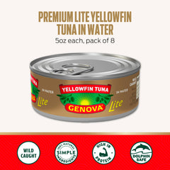 Genova Premium Lite Yellowfin Tuna in Water packaging, shelf-stable and convenient