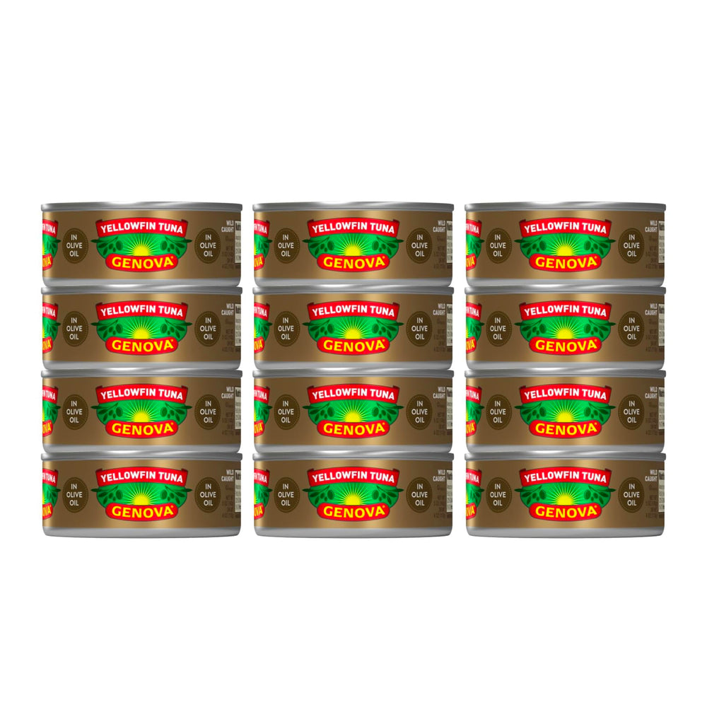 Genova yellowfin tuna in olive oil can close-up showing premium texture