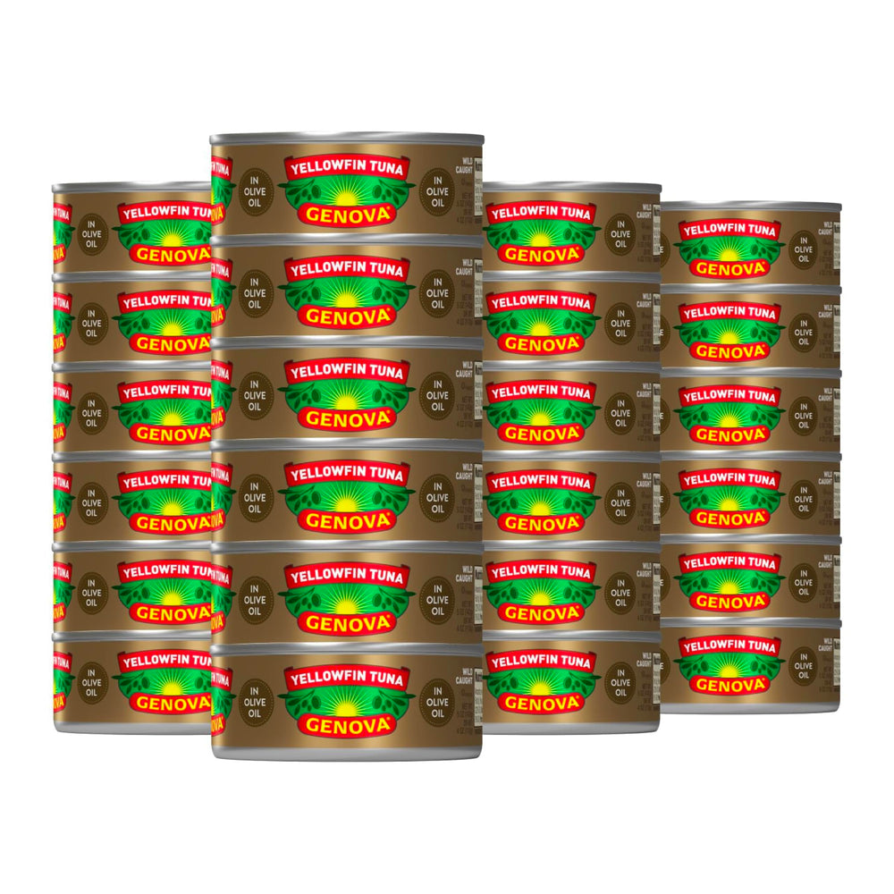 Genova yellowfin tuna in olive oil cans on shelf, convenient protein for quick meals.