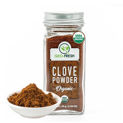 Geo-Fresh Organic Clove Powder jar highlights rich aroma ideal for baking and curries