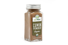 Geo-Fresh Organic Cumin Powder closeup showing vibrant color and ground texture.