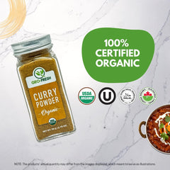 Geo-Fresh Organic Curry Powder jar closeup, golden color and texture on display.