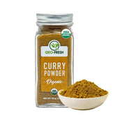 Geo-Fresh Organic Curry Powder jar front, vibrant yellow hue for authentic curries.