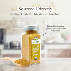 Geo-Fresh Organic Yellow Mustard Powder close-up highlighting color and texture.