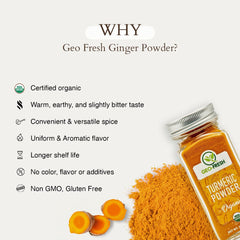Geo-Fresh Organic Turmeric Powder golden-latte scene suggests comforting turmeric drinks.