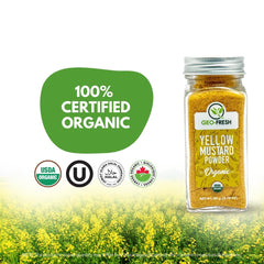 Geo-Fresh Yellow Mustard Powder with spoon ready for dry rubs and marinades.