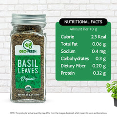 Geo-Fresh dried basil leaves aroma, vibrant green flakes ideal for sauces.