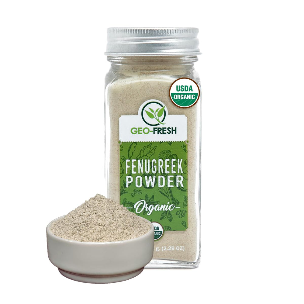 Geo-Fresh fenugreek powder jar highlights purity and fresh aroma for cooking.