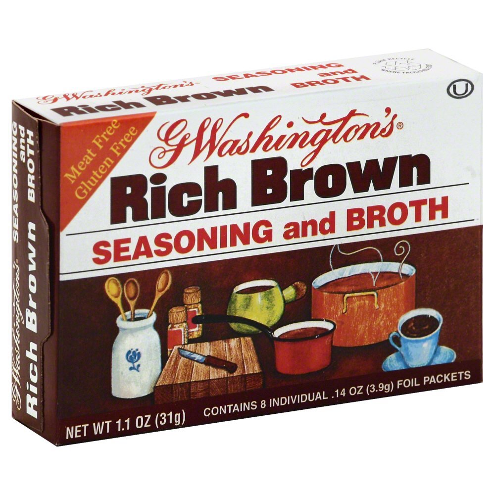 George Washington Rich Brown seasoning and broth bottle showcases rich color, ideal for quick, savory meals.