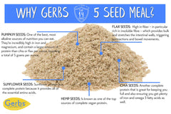 Resealable Gerbs Super 5 Seed Meal bag in kitchen setting.