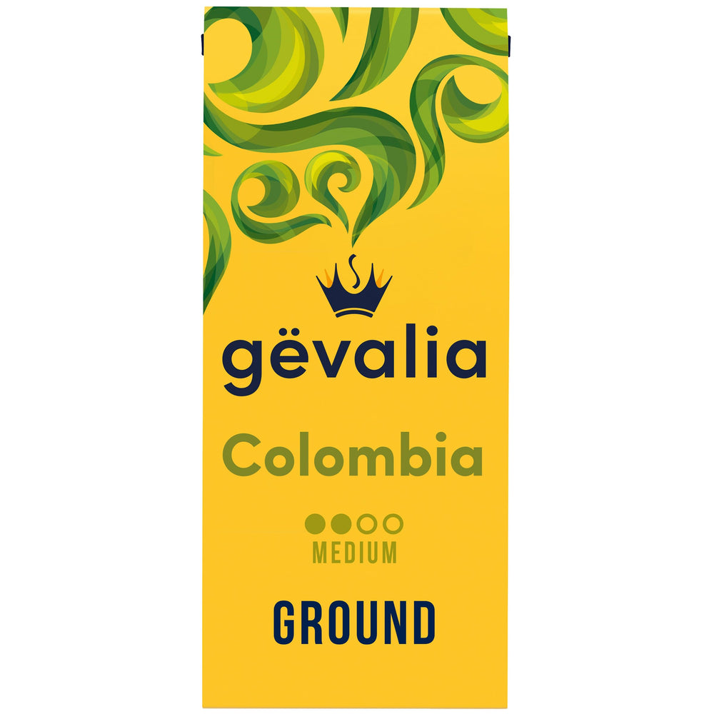 Gevalia Colombia medium roast ground coffee bag ready for home brewing and aroma.