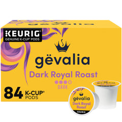 Gevalia Dark Royal Roast 84 count box on shelf for daily coffee