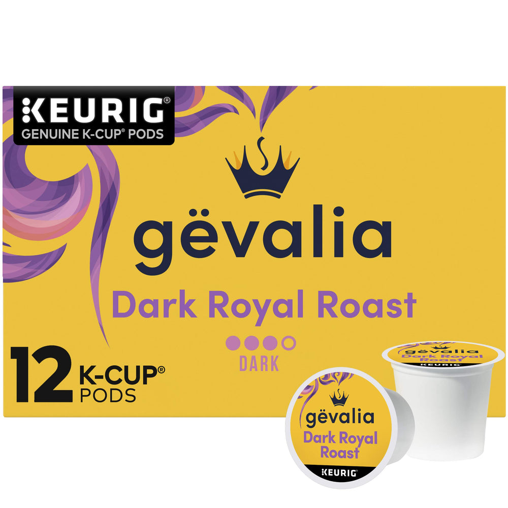 Gevalia Dark Royal Roast K-Cup pods packaging for easy daily brewing.