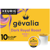 Gevalia Dark Royal Roast K-Cup pods in a box ready for a bold morning brew
