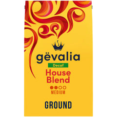 Gevalia Decaf House Blend coffee bag front shows premium beans and balanced aroma.